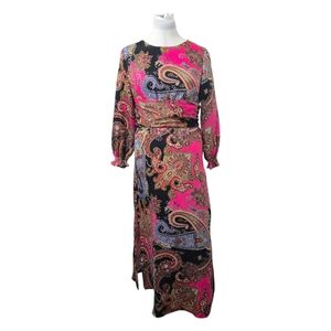 Vilagallo Boho Paisley Long Sleeve Maxi Dress Size 42 Vibrant Pink & Black Gown